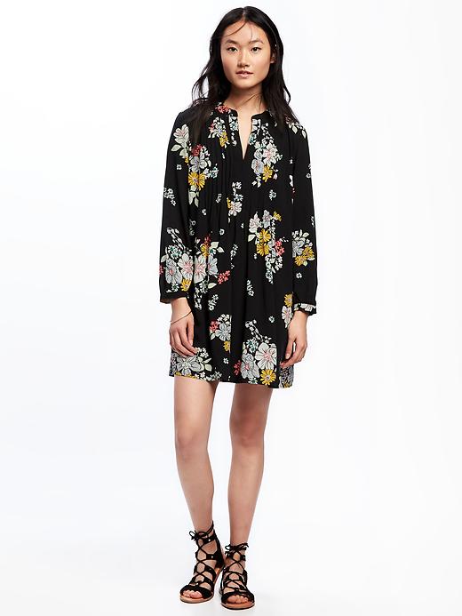 View large product image 1 of 1. Printed Pintuck Swing Dress for Women