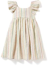 View large product image 3 of 3. Tea-Length Metallic-Stripe Flutter-Sleeve Dress for Toddler Girls