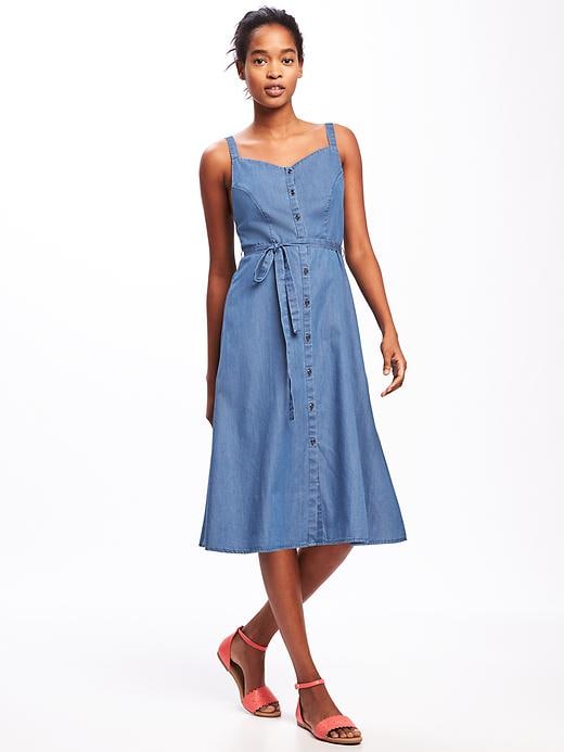 Image number 1 showing, Chambray Tie-Belt Midi Dress for Women