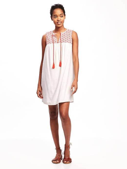 View large product image 1 of 2. Embroidered-Yoke Linen-Blend Shift Dress for Women