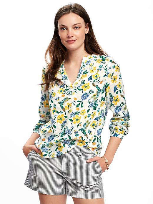 Image number 1 showing, Printed Linen-Blend Blouse for Women