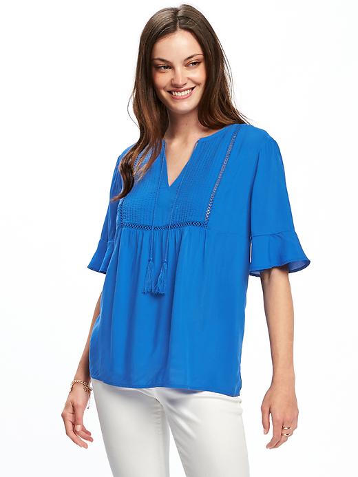 Image number 1 showing, Pintuck Ruffle-Sleeve Swing Top for Women