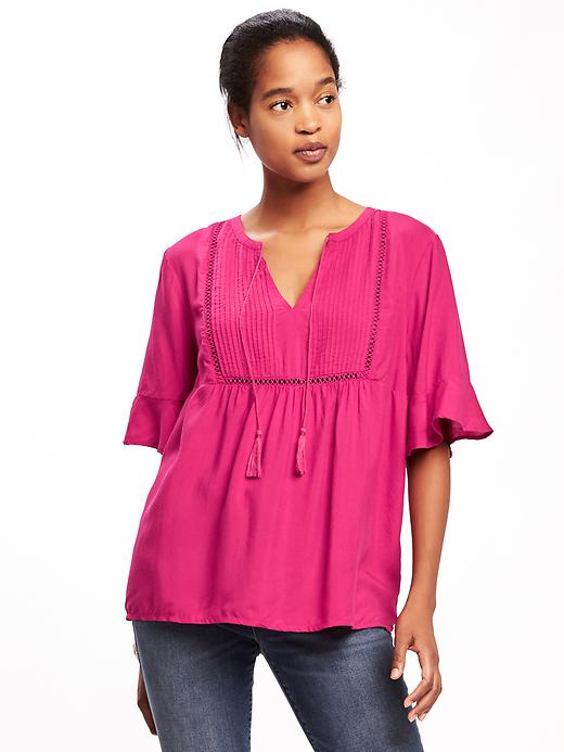 View large product image 1 of 1. Pintuck Ruffle-Sleeve Swing Top for Women