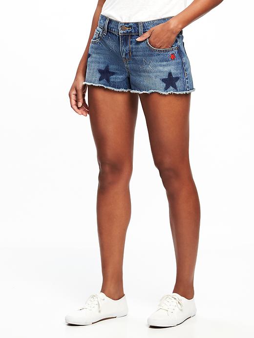 View large product image 1 of 3. Star-Patch Denim Cutoffs for Women (2 1/2")