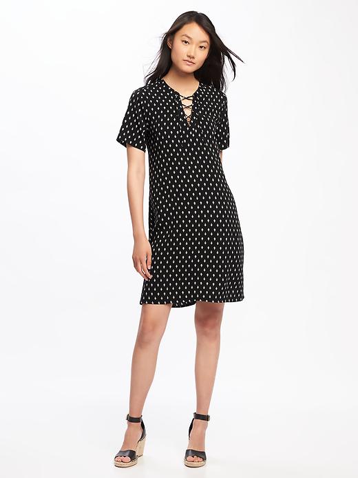 Image number 1 showing, Lace-Up-Yoke Printed Shift Dress for Women