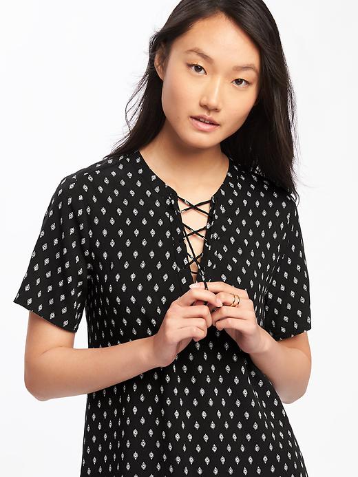 Image number 3 showing, Lace-Up-Yoke Printed Shift Dress for Women