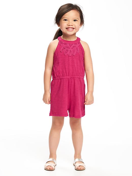 View large product image 1 of 3. High-Neck Lace-Yoke Romper for Toddler Girls
