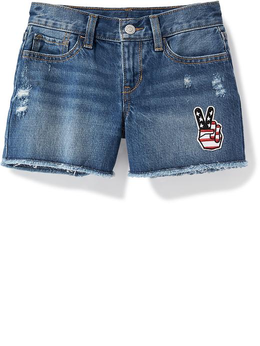 View large product image 1 of 1. Embroidered-Patch Denim Cutoffs for Girls