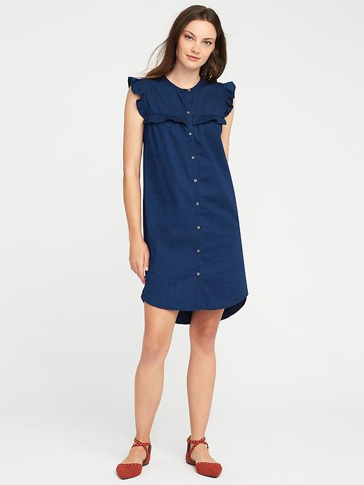 Image number 1 showing, Ruffled Chambray Shirt Dress for Women