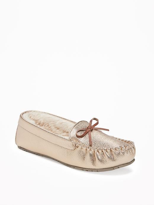 Image number 1 showing, Metallic Faux-Leather Sherpa-Lined Moccasins for Women