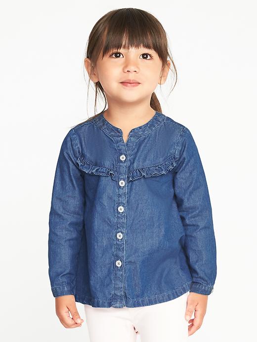 View large product image 1 of 4. Ruffle-Trim Button-Front Chambray Top for Toddler Girls