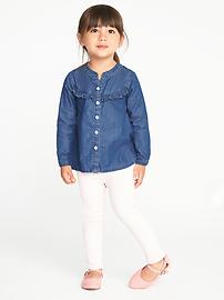 View large product image 3 of 4. Ruffle-Trim Button-Front Chambray Top for Toddler Girls