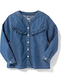 View large product image 4 of 4. Ruffle-Trim Button-Front Chambray Top for Toddler Girls