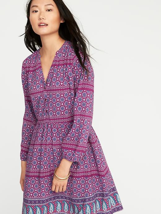 Image number 3 showing, Printed Henley Swing Dress for Women