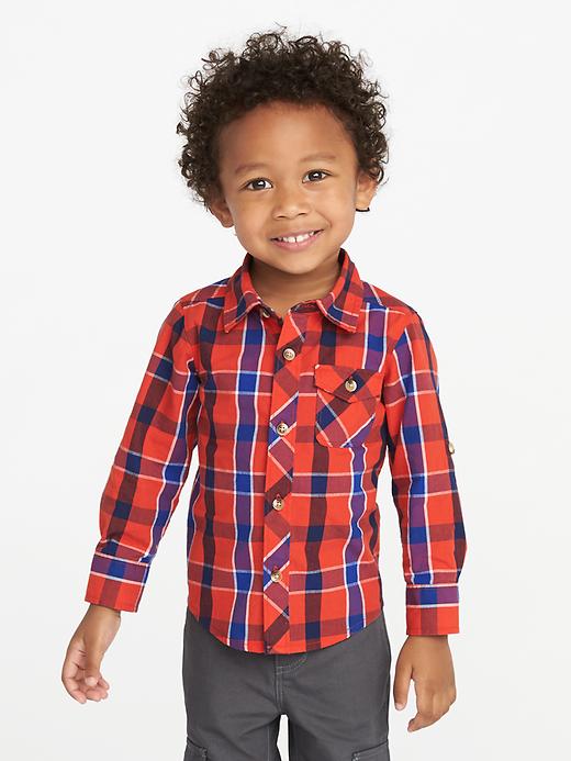 View large product image 1 of 4. Plaid Poplin Roll-Sleeve Shirt for Toddler Boys