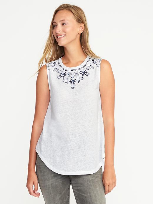 View large product image 1 of 1. Floral-Embroidered Linen-Blend Tank for Women