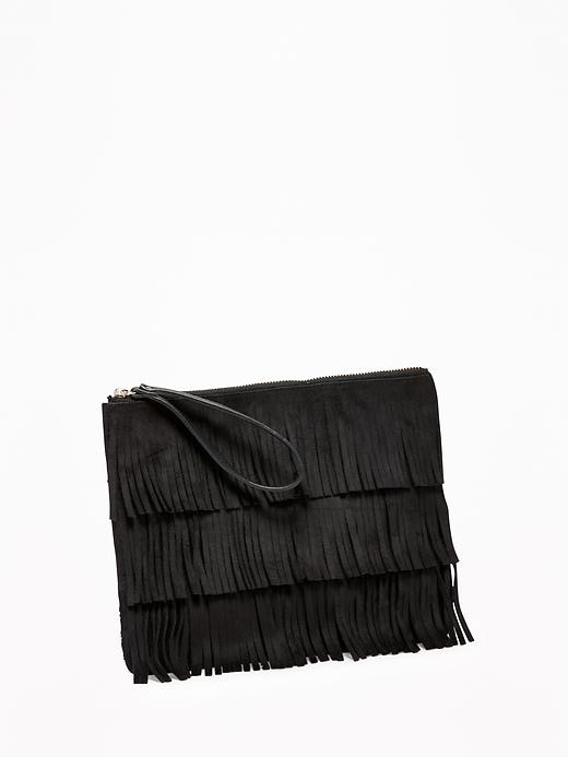 View large product image 1 of 2. Sueded Zip-Top Fringe Clutch for Women