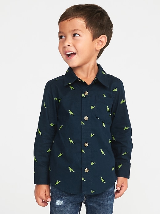 View large product image 1 of 4. Dinosaur-Print Slub-Weave Shirt for Toddler Boys
