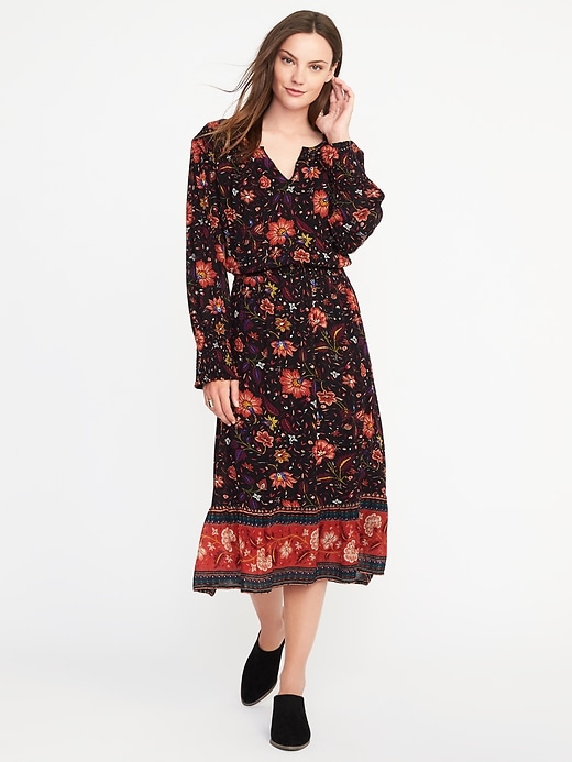 Image number 1 showing, Floral Smocked-Waist Midi Dress for Women