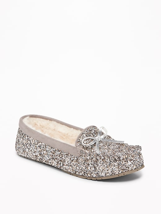 Image number 1 showing, Sherpa-Lined Glitter Moccasin Slippers for Women