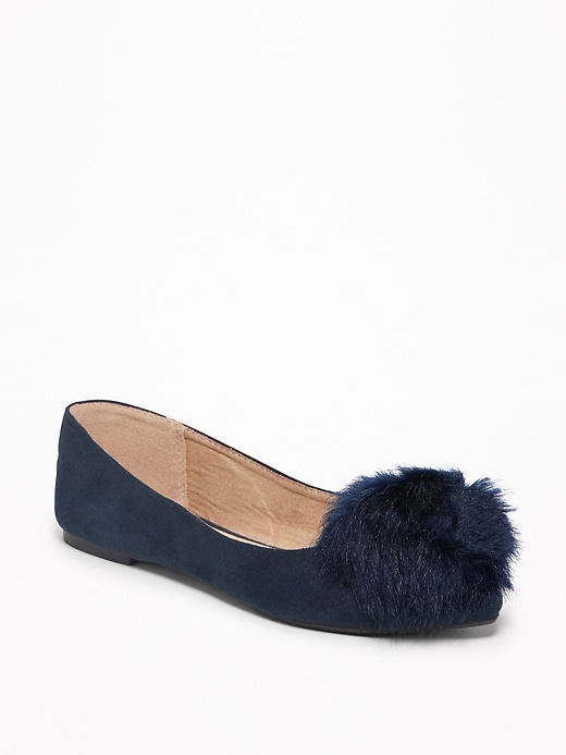 View large product image 1 of 1. Sueded Faux-Fur Pom-Pom Flats for Women