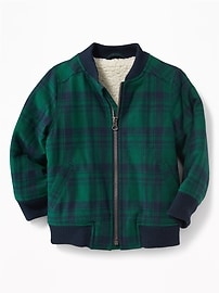 View large product image 4 of 4. Sherpa-Lined Plaid Flannel Bomber Jacket for Toddler Boys