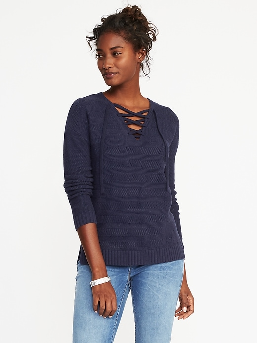 Image number 1 showing, Lace-Up Textured Sweater for Women
