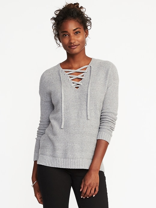 View large product image 1 of 1. Lace-Up Textured Sweater for Women
