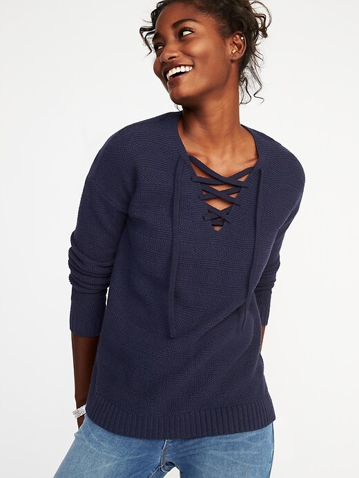 Image number 4 showing, Lace-Up Textured Sweater for Women