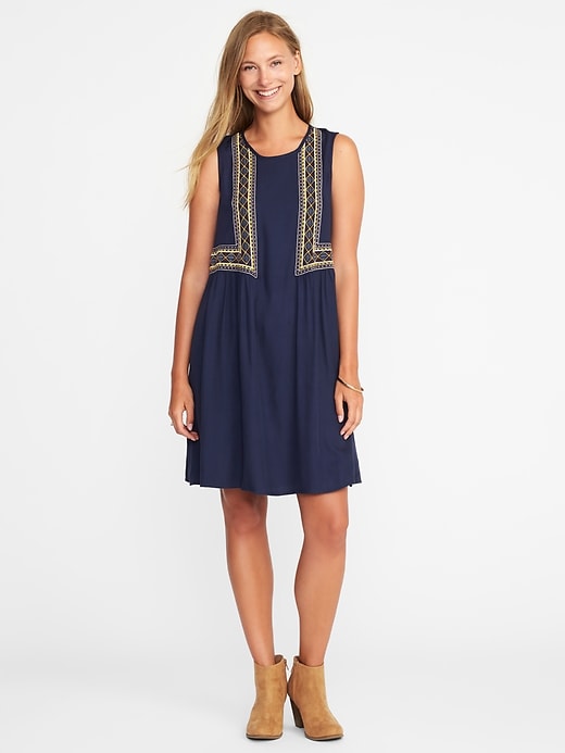 Image number 1 showing, Embroidered Sleeveless Swing Dress for Women