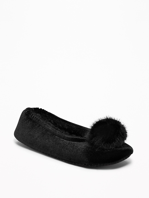 View large product image 1 of 1. Velvet Faux-Fur Pom-Pom Slippers for Women