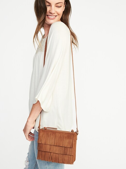 View large product image 2 of 2. Sueded Dual-Zip Fringed Crossbody Bag for Women