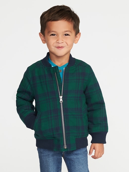 View large product image 1 of 4. Sherpa-Lined Plaid Flannel Bomber Jacket for Toddler Boys