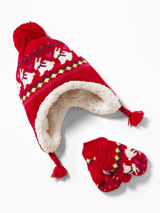 View large product image 1 of 1. Patterned Trapper Hat & Mittens Set for Toddler Girls