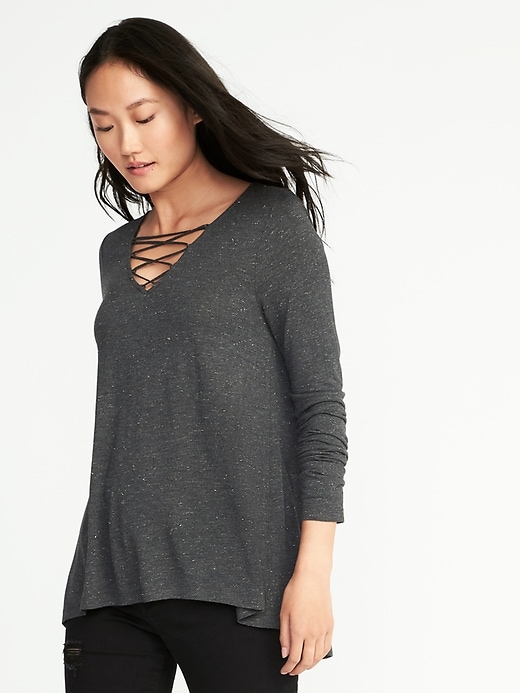 Image number 1 showing, Relaxed Lace-Up-Yoke Sparkle-Knit Top for Women