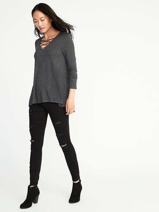 Image number 3 showing, Relaxed Lace-Up-Yoke Sparkle-Knit Top for Women