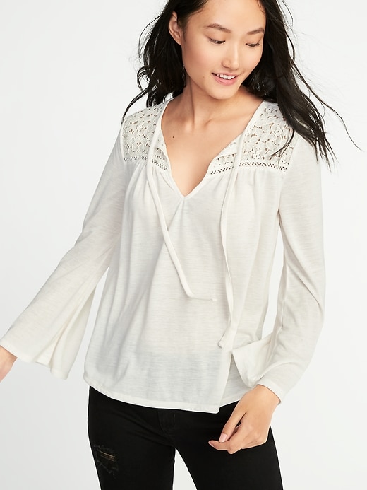 View large product image 1 of 1. Lace-Yoke Tie-Neck Top for Women