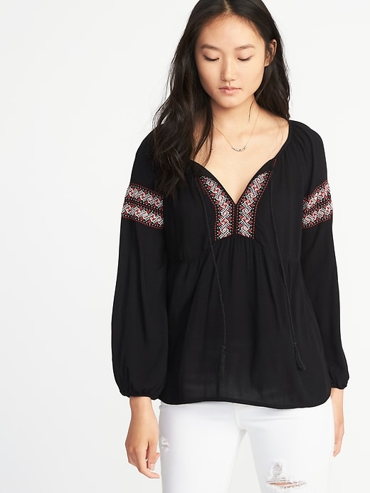 View large product image 1 of 1. Embroidered Boho Tie-Neck Swing Top for Women