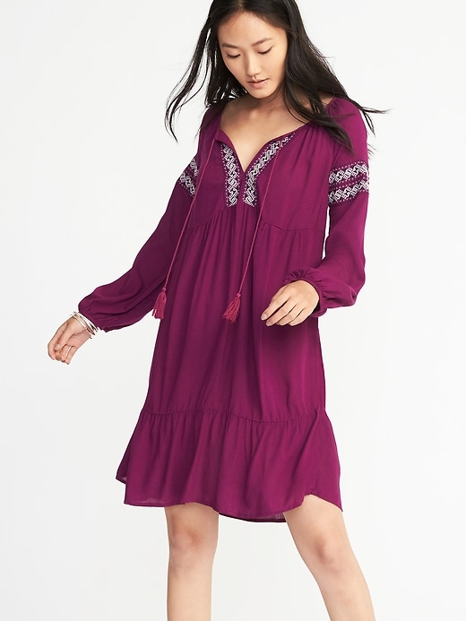 Image number 1 showing, Embroidered Tie-Neck Swing Dress for Women