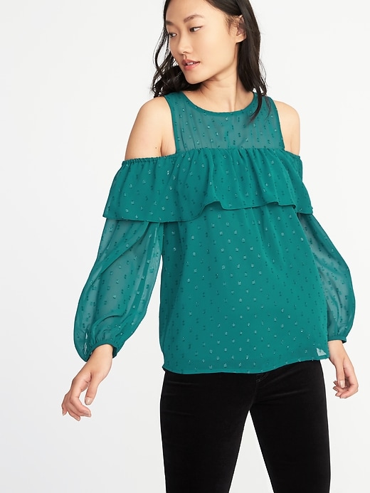 View large product image 1 of 1. Cold-Shoulder Sparkle Top for Women