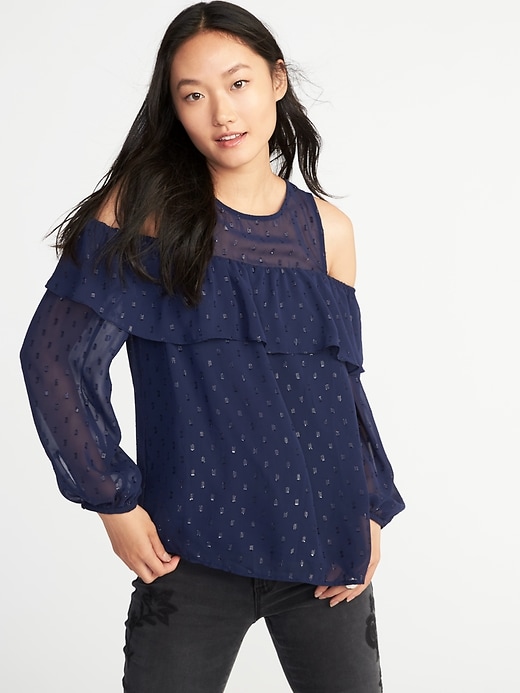 View large product image 1 of 1. Cold-Shoulder Sparkle Top for Women