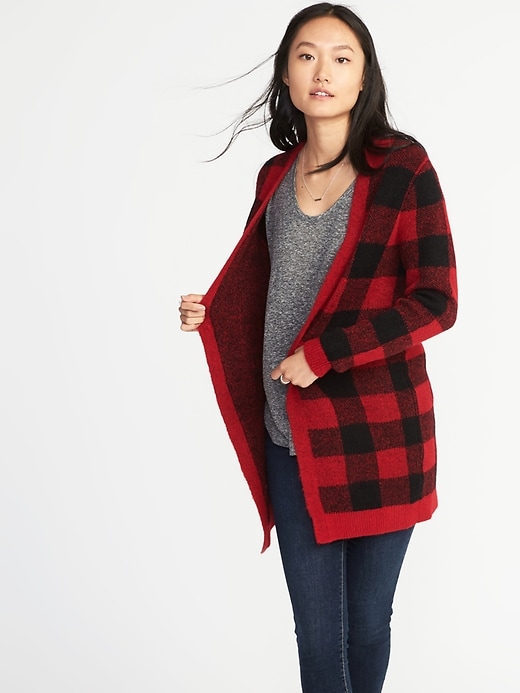 Image number 1 showing, Buffalo-Plaid Open-Front Long-Line Cardi for Women