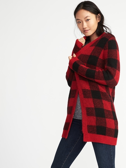 Image number 3 showing, Buffalo-Plaid Open-Front Long-Line Cardi for Women