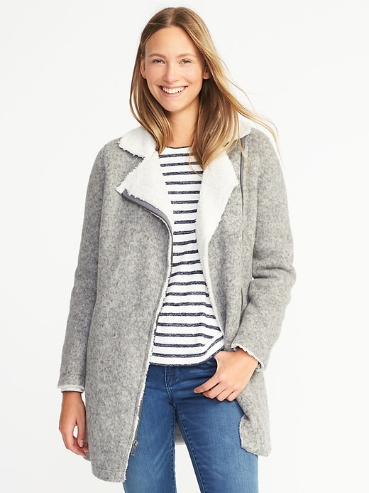 Image number 1 showing, Long Sherpa-Lined Moto Jacket for Women