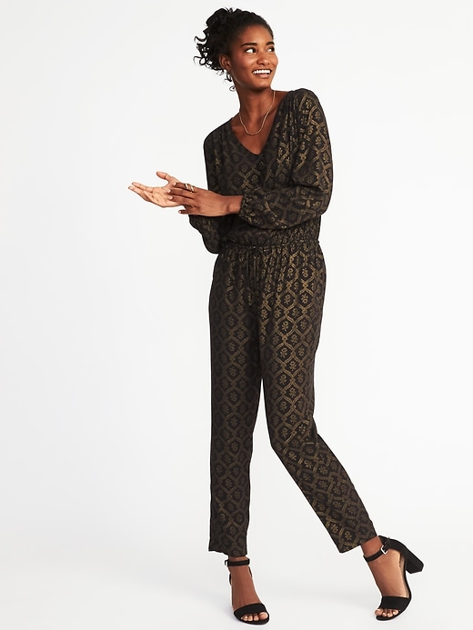 Image number 1 showing, Waist-Defined Metallic-Print Jumpsuit for Women