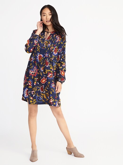 View large product image 1 of 2. Floral-Print Pintucked Swing Dress for Women