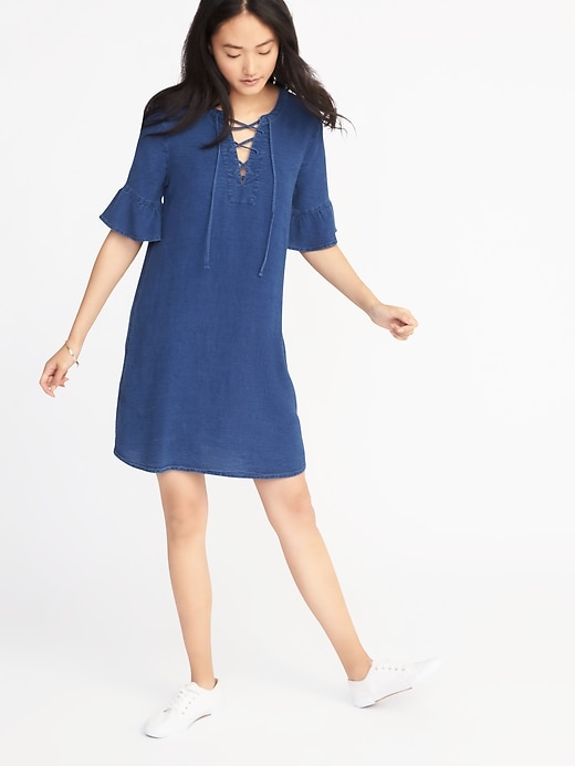 Image number 1 showing, Chambray Lace-Up Shift Dress for Women