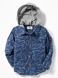 View large product image 4 of 4. Jersey-Hooded Built-In Flex Shark-Print Shirt for Toddler Boys