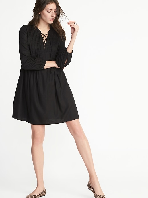 View large product image 1 of 2. Lace-Up-Yoke Pintuck Swing Dress for Women