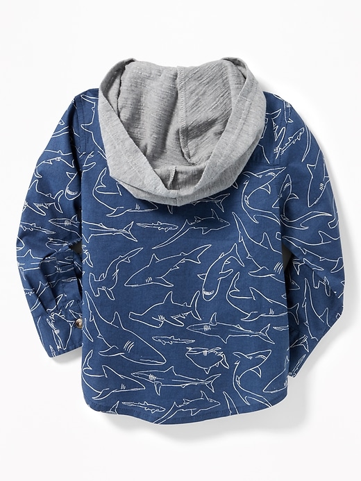 View large product image 2 of 4. Jersey-Hooded Built-In Flex Shark-Print Shirt for Toddler Boys